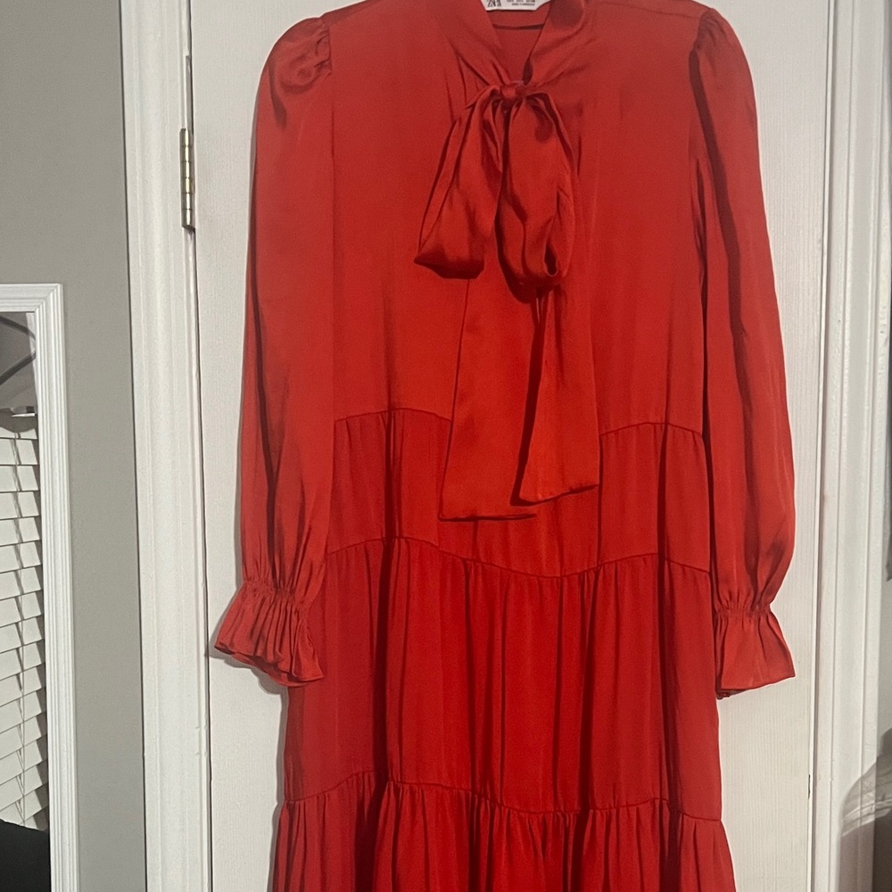 Zara Red Tiered Long-Sleeve Tie-Neck Dress
